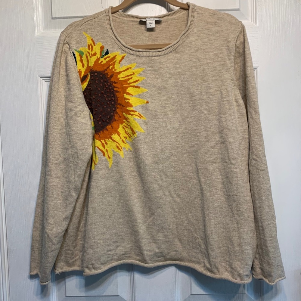 Coldwater Creek Sunflower Sweater XL Beige Cotton Cottagecore Artsy Earthy Boho